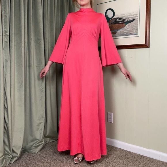 Vintage 1970s Mock Neck Bell Sleeve Coral Maxi Dress - Picture 1 of 14